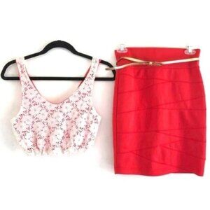 Love Audrey Juniors M Crop Top Lace Overlay + Charlotte Russe Bandage Skirt Set